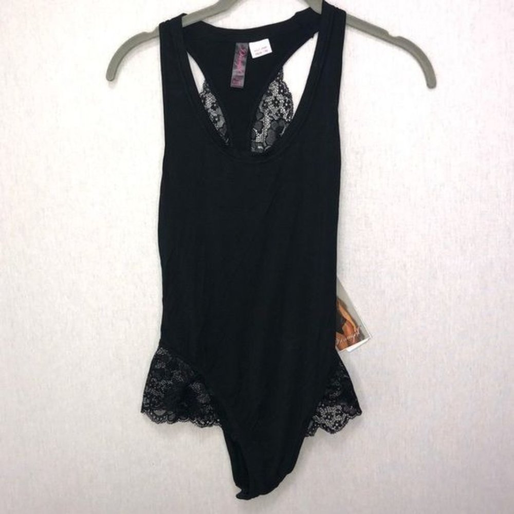 Soft Black Jersey Racerback Bodysuit, lace trim - Picture 2 of 9